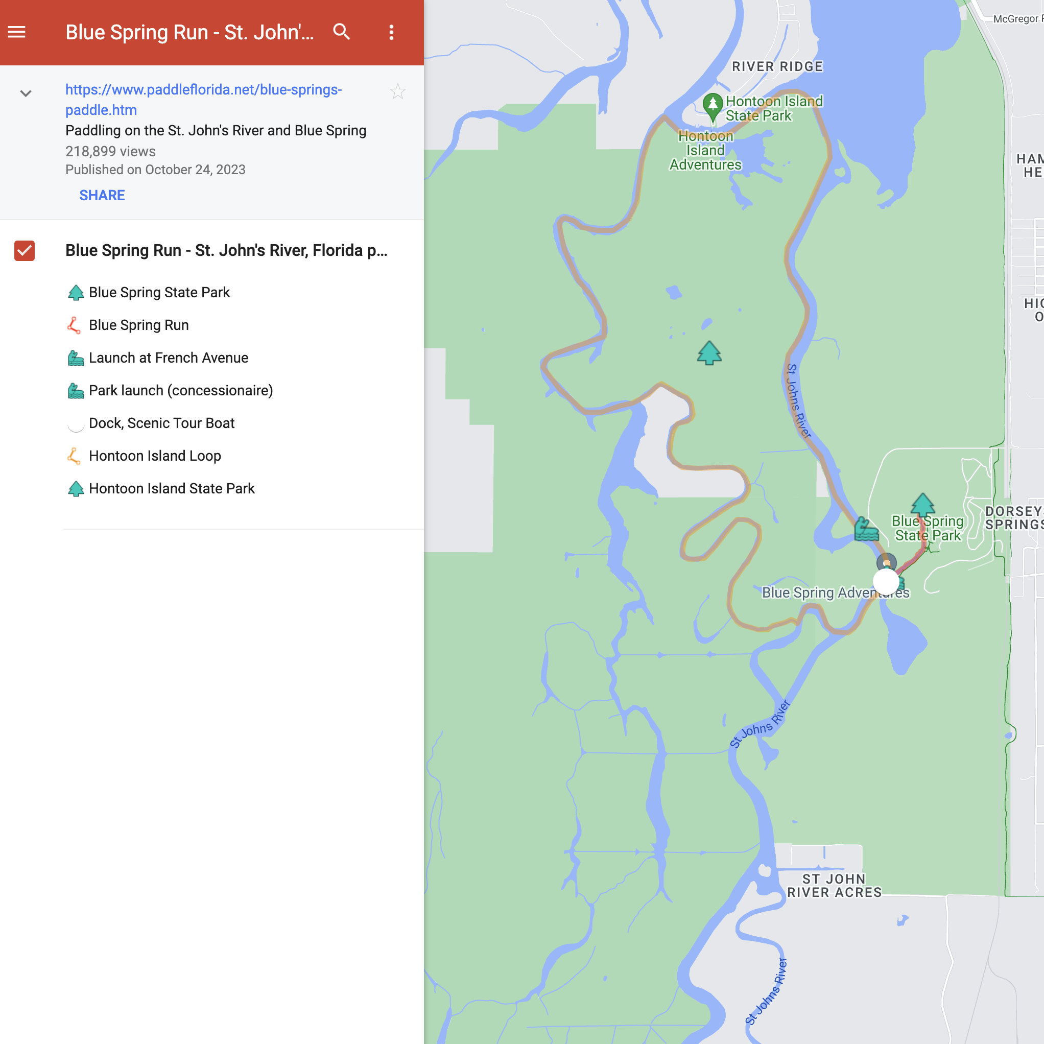 Map from Paddle Florida showing the paddle route loop from Blue Spring Run to Hontoon Island and back.