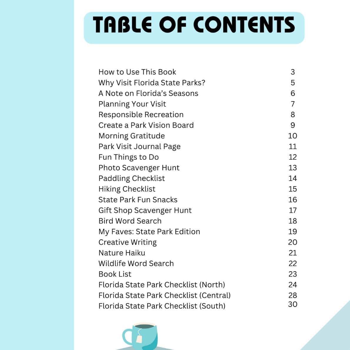 Table of contents page from the Florida State Park Activity Book listing activities like scavenger hunts, checklists, and writing prompts.