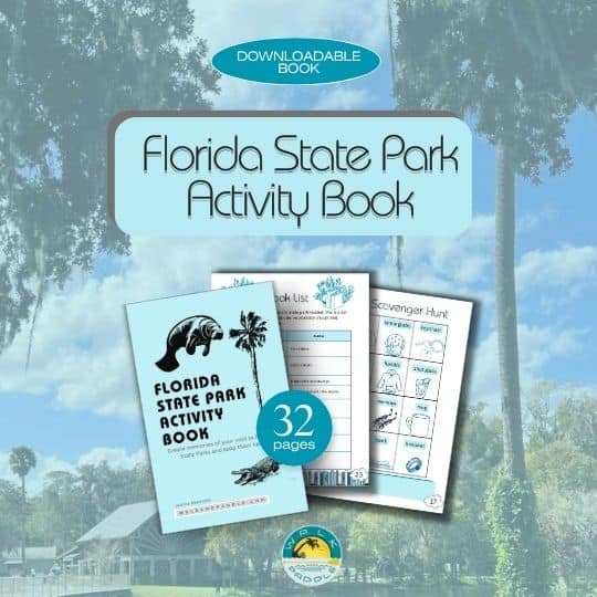Mockup of the Florida State Park Activity Book cover and sample pages with a label showing 32 pages.
