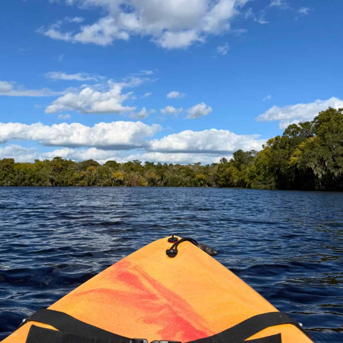 View from a yellow kayak on the calm blue waters of De Leon Springs State Park surrounded by trees.